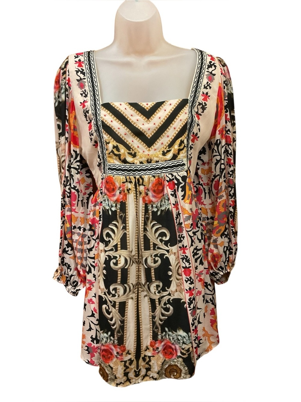 Anthropologie Nikasha Floral Baroque Puff Sleeve Smocked Back Mini Dress Size Sm - Picture 2 of 7